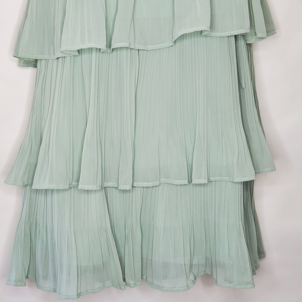 Lulus Blowing Kisses Pleated One Shoulder Mini Dress XL Tiered Sage Green NEW - Picture 3 of 12